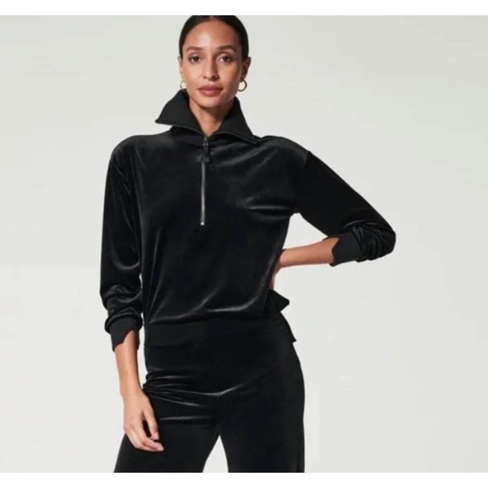 Spanx Jacket Velvet Long Sleeve Top Half Zip Pullover Black Medium